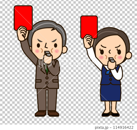 Business men and women raising red cards 114916422