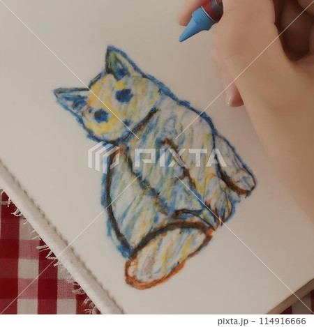 クレヨンアート／くつろいだネコ オイルパステル画】『靴下を履いたタキシード猫』 猫の絵 小品 | 絵画