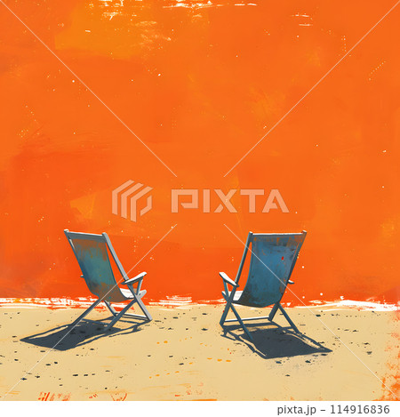 Two outdoor wooden beach chairs sit in front of an orange wall, providing comfort and shade in the natural environment near the body of water 114916836