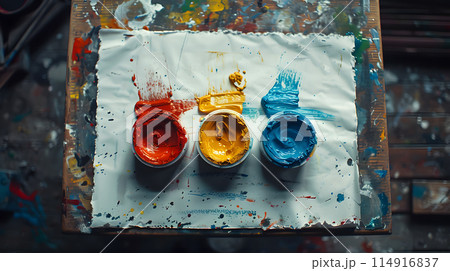 Three bowls filled with liquid paint, one in electric blue, are displayed on a table. The colorful art supplies sit ready for a creative event 114916837