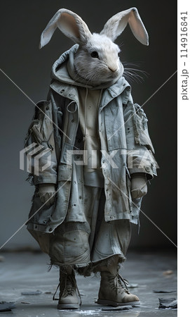 A sculpture of a rabbit wearing a jacket and boots, made of natural materials like fur, is displayed as a monument at a special event 114916841