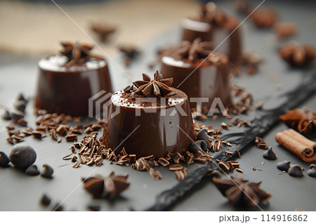 A table adorned with chocolates, cinnamon sticks, and star anise creates a visually appealing display of sweet and spicy ingredients for a festive food event 114916862