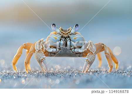 An arthropod organism, the crab is standing on sandy beach, gazing at the camera with electric blue symmetry. A decapoda enjoying the fun of terrestrial life near the water 114916878