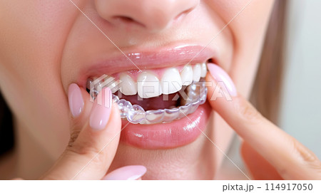 A woman puts invisible silicone trays with whitening gel on her teeth. Home Dental Care Orthodontic Silicone Transparent Teeth Aligners 114917050