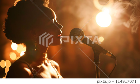 A soulful jazz black singer performs emotionally on a stage with dim lighting, her face softly illuminated by a spotlight, a warm stage atmosphere 114917071