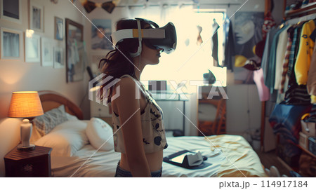 A woman is wearing a virtual reality headset in a bedroom, experiencing a fun virtual event. She is also wearing a fashionable hat and her abdomen is visible 114917184