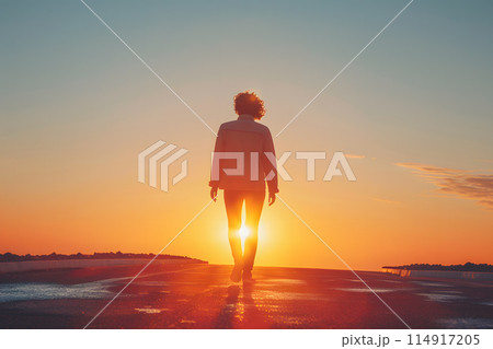 A woman walks towards the setting sun, casting a warm glow on the sky and surrounding natural landscape. Her happy gesture reflects the peaceful atmosphere of dusk 114917205