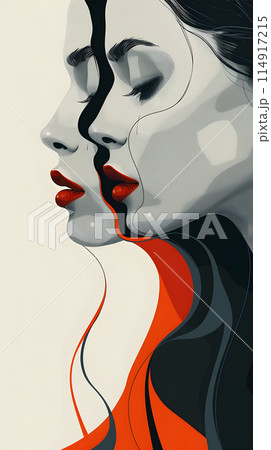 A monochromatic painting depicts a womans face with red lips, showcasing intricate details of her nose, head, mouth, jaw, and neck. The artists use of paint and gesture brings the art to life A monochromatic painting depicts a womans face with red lips, showcasing intricate details of her nose, head, mouth, jaw, and neck. The artists use of paint and gesture brings the art to life 114917215
