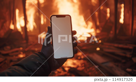 A person is using their mobile phone in front of a crackling fire, the amber flame casting a warm glow on their face. Automotive lighting colors the scene with tints of orange and red 114917320