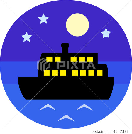 夜に航行するフェリーのデフォルメイラスト 114917371