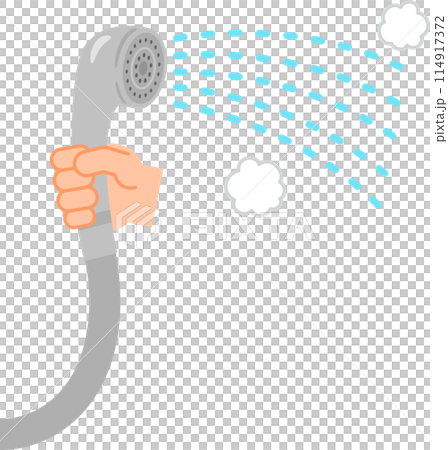 Hand holding a shower head with hot water coming out 114917372