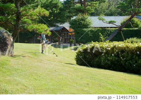 日本庭園の芝刈りをする職人 114917553
