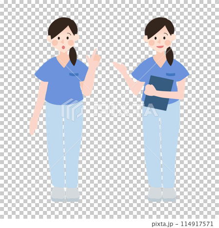 案内する笑顔の看護師女性の手描きベクターイラスト 114917571
