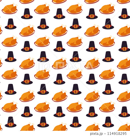 Thanksgiving turkey on a platter and pilgrim hat Seamless Pattern in trendy Autumn shades Isolate 114918295