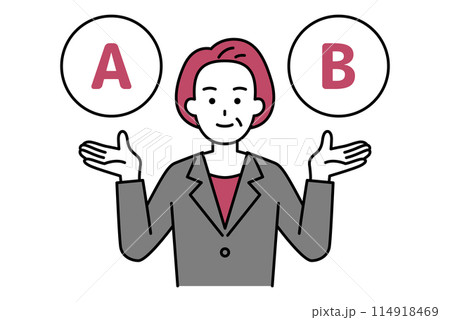 AとBの選択肢を提案する中年のスーツの女性 AとBの選択肢を提案する中年のスーツの女性 114918469