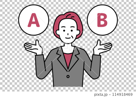 AとBの選択肢を提案する中年のスーツの女性 AとBの選択肢を提案する中年のスーツの女性 114918469