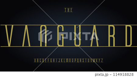 Elegant sophisticated typeface, refined minimalist geometric letters for high-end branding, stylish premium logo, exclusive magazine and book title, tall and slim typographic style. Vector typeset 114918828