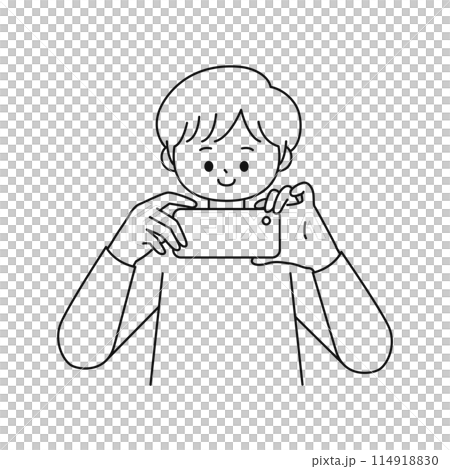 Man taking a picture with a smartphone, line drawing 114918830