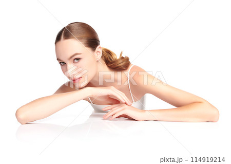 Beautiful young woman with clean fresh skin on white background, Face care, Facial treatment, Cosmetology, beauty and spa, women portrait. Beautiful young woman with clean fresh skin on white background, Face care, Facial treatment, Cosmetology, beauty and spa, women portrait. 114919214