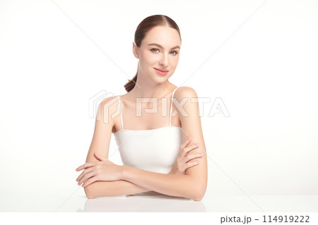 Beautiful young woman with clean fresh skin on white background, Face care, Facial treatment, Cosmetology, beauty and spa, women portrait. Beautiful young woman with clean fresh skin on white background, Face care, Facial treatment, Cosmetology, beauty and spa, women portrait. 114919222