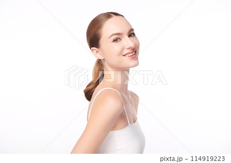 Beautiful young woman with clean fresh skin on white background, Face care, Facial treatment, Cosmetology, beauty and spa, women portrait. Beautiful young woman with clean fresh skin on white background, Face care, Facial treatment, Cosmetology, beauty and spa, women portrait. 114919223