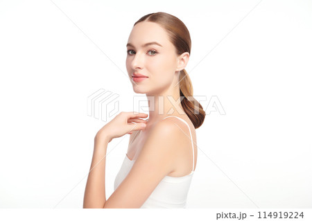 Beautiful young woman with clean fresh skin on white background, Face care, Facial treatment, Cosmetology, beauty and spa, women portrait. 114919224
