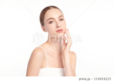 Beautiful young woman with clean fresh skin on white background, Face care, Facial treatment, Cosmetology, beauty and spa, women portrait. 114919225