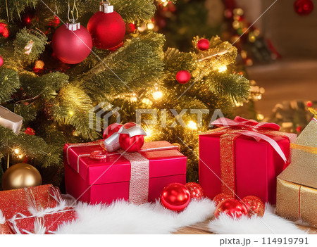 Merry Christmas ornaments. Minimal Small Red and Gold Christmas balls. and gift boxes on a wooden table 114919791