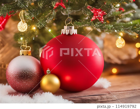 Merry Christmas ornaments. Minimal Small Red and Gold Christmas balls. and gift boxes on a wooden table Merry Christmas ornaments. Minimal Small Red and Gold Christmas balls. and gift boxes on a wooden table 114919792