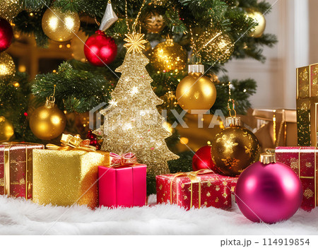 Merry Christmas ornaments. Minimal Small Red and Gold Christmas balls. and gift boxes on a wooden table 114919854