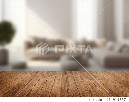 Wood tabletop or counter with display product. Blur image of living room, Wood tabletop or counter with display product. Blur image of living room, 114919887