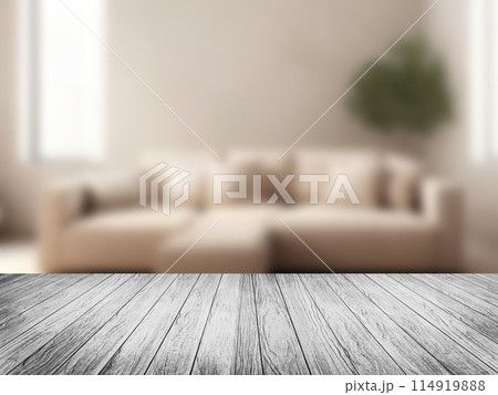 Wood tabletop or counter with display product. Blur image of living room, 114919888