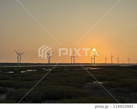 【台湾】高美湿地の夕日と風車の景色 114920985