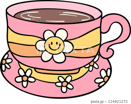 Retro coffee cup Groovy Drink Trendy lined doodle handdrawn 114921272