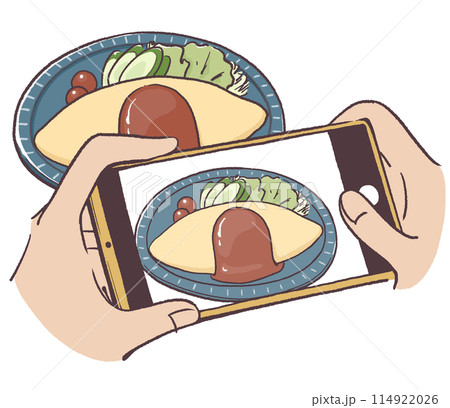 オムライスをスマホカメラで撮影する手 114922026