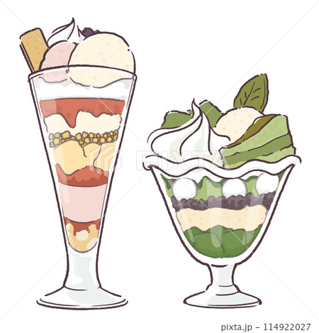 カラフルなフルーツパフェと抹茶チーズパフェ 114922027