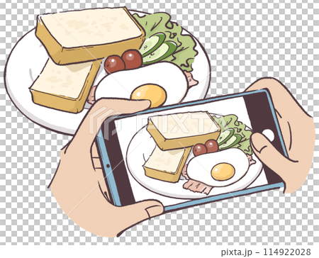 トーストとベーコンエッグのプレートをスマホカメラで撮影する手 114922028