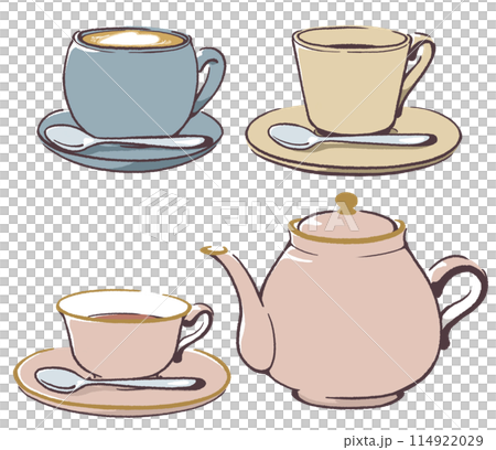 拿鐵咖啡、咖啡、茶和壺裝在朦朧的彩色杯子裡 114922029