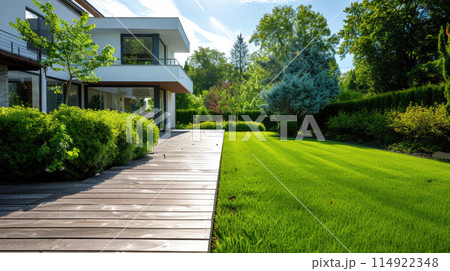 House Backyard with Green Lawn 114922348