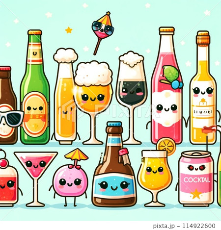 お酒のグラス、ボトルのかわいいイラスト 114922600