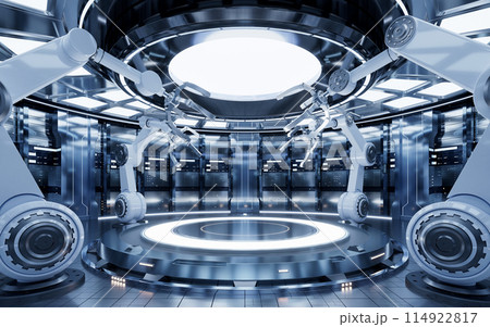 Mechanical arm and empty stage, 3d rendering. 114922817