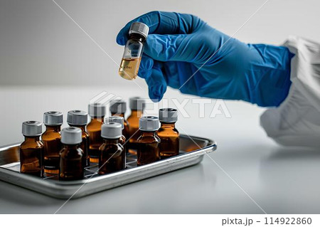 A hand wearing blue medical gloves holds a glass vial containing liquid, with a group of small bottles on a metal tray over a white background. Antiviral medicine or cold medicine in small bottle tray 114922860
