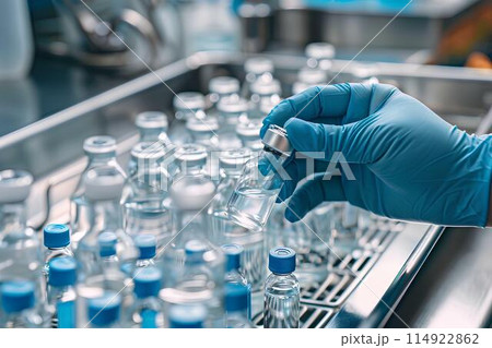 A hand wearing blue medical gloves holds a glass vial containing liquid, with a group of small bottles on a metal tray over a white background. Antiviral medicine or cold medicine in small bottle tray 114922862