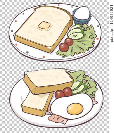 Plate of toast, boiled eggs and salad / Plate of toast, bacon and eggs and salad 114922921