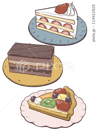 おしゃれな皿にのせたいちごショートとチョコケーキとフルーツタルト 114922928