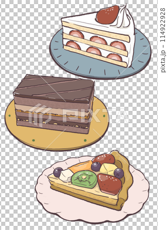 おしゃれな皿にのせたいちごショートとチョコケーキとフルーツタルト 114922928