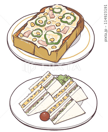 喫茶店のピザトーストとサンドイッチ 114923191