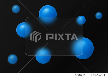 Glass morphism website landing page template. Frosted glass partition with floating blue spheres. Glass morphism website landing page template. Frosted glass partition with floating blue spheres. 114923201