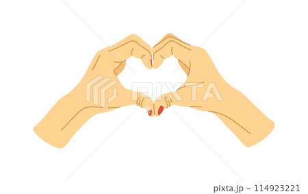 Two hands making heart sign. Love, romantic concept. Colorful male manicure, trendy nails. Vector illustration. 114923221