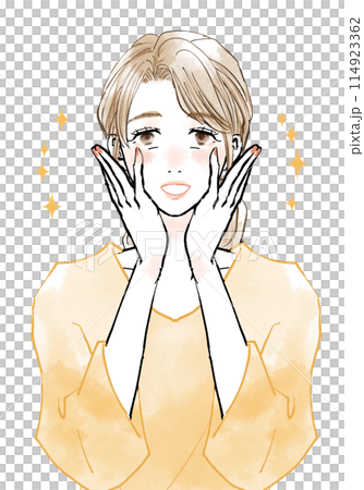 Middle-aged woman rejoicing with her hands on her face Middle-aged woman rejoicing with her hands on her face 114923362